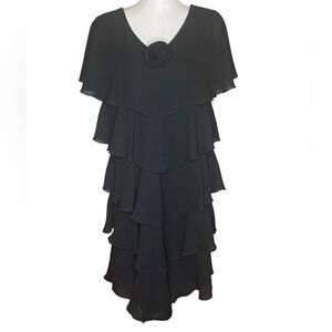 Patra Wm’s Sz 16 Black Ruffle Chiffon Cap Sleeve Flouncy Lined Midi Dress